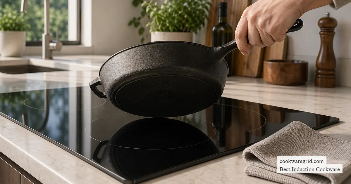 A sleek stainless steel induction pan on a modern glass cooktop