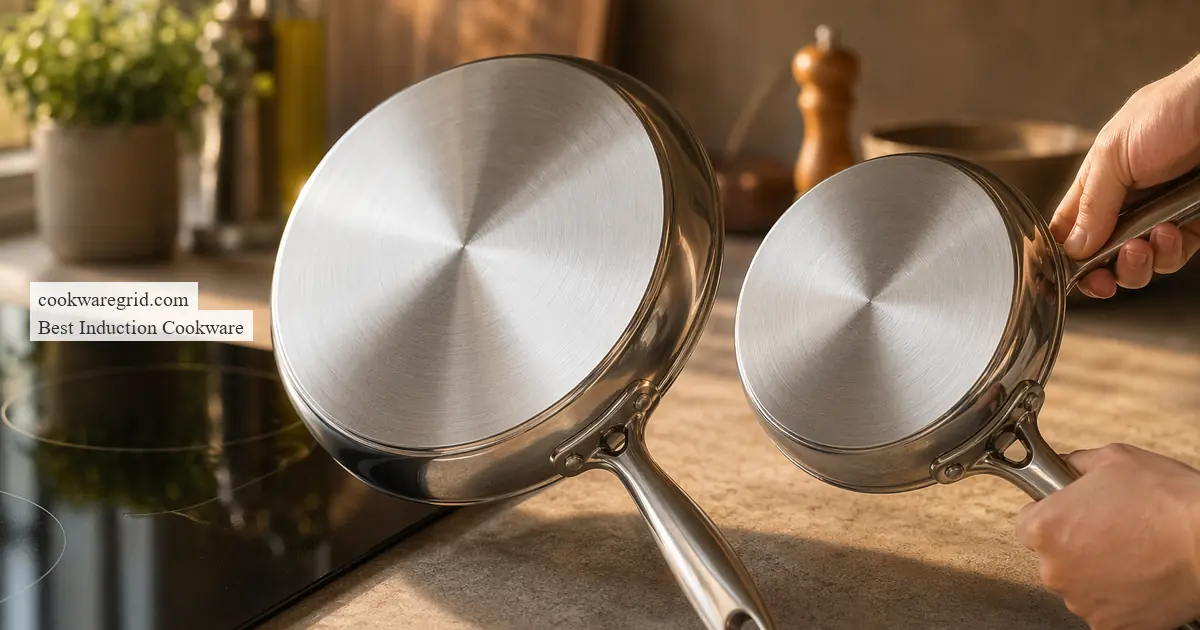 A sleek stainless steel induction pan on a modern glass cooktop