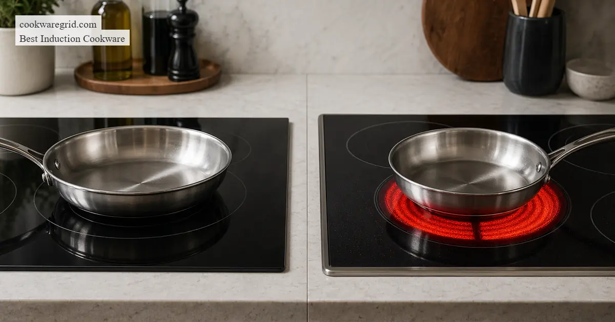 A sleek stainless steel induction pan on a modern glass cooktop