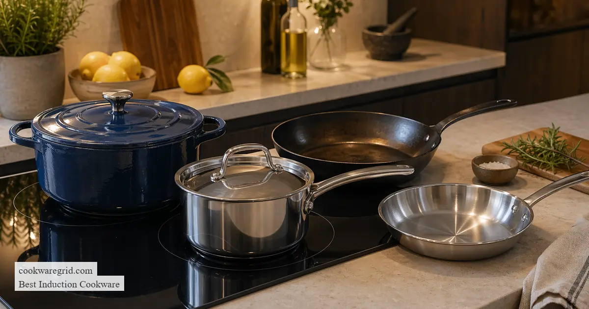 A sleek stainless steel induction pan on a modern glass cooktop
