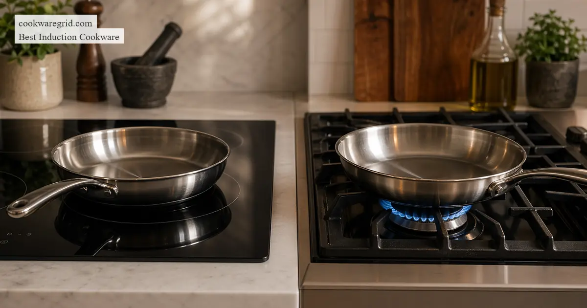 A sleek stainless steel induction pan on a modern glass cooktop