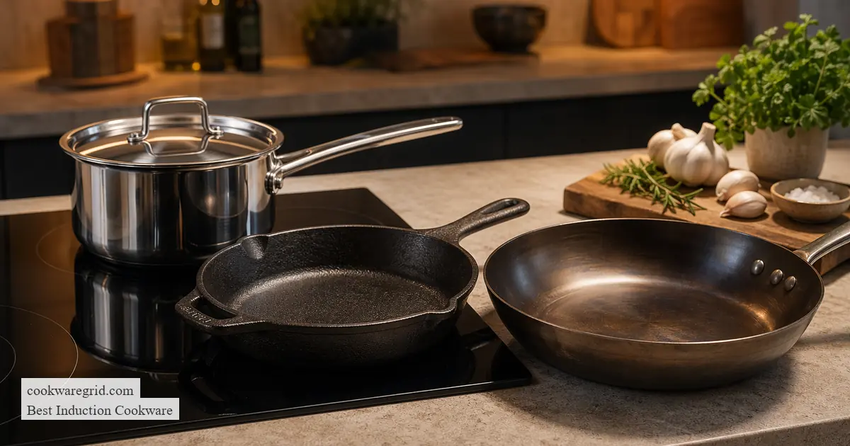 A sleek stainless steel induction pan on a modern glass cooktop