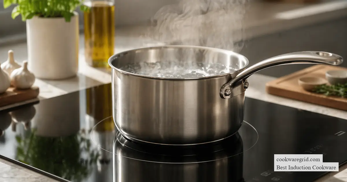 A sleek stainless steel induction pan on a modern glass cooktop
