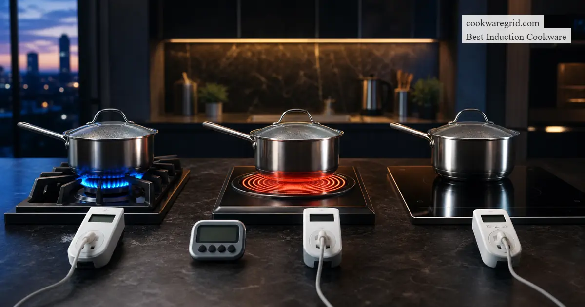Identical covered saucepans tested on gas, radiant electric, and induction cooking stations