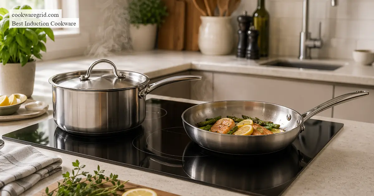 A stainless steel pan cooking vegetables on a clean induction cooktop