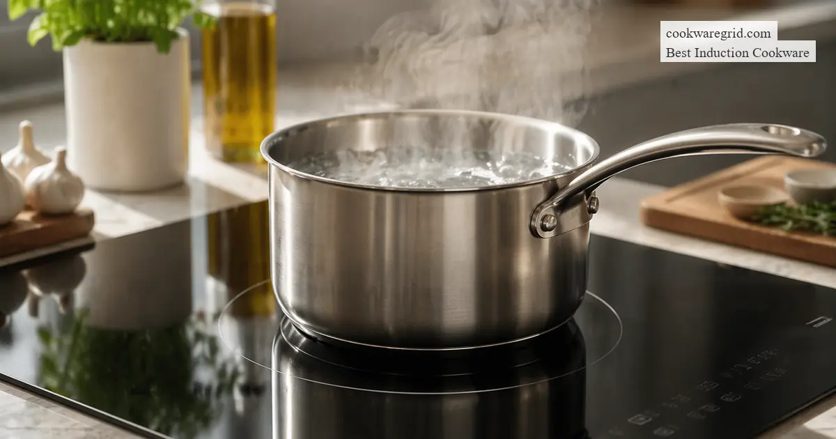 A stainless steel pan cooking vegetables on a clean induction cooktop