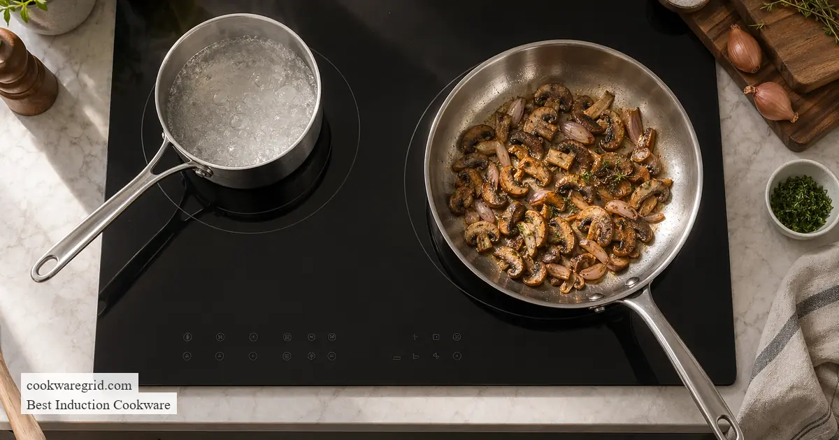 A stainless steel pan cooking vegetables on a clean induction cooktop
