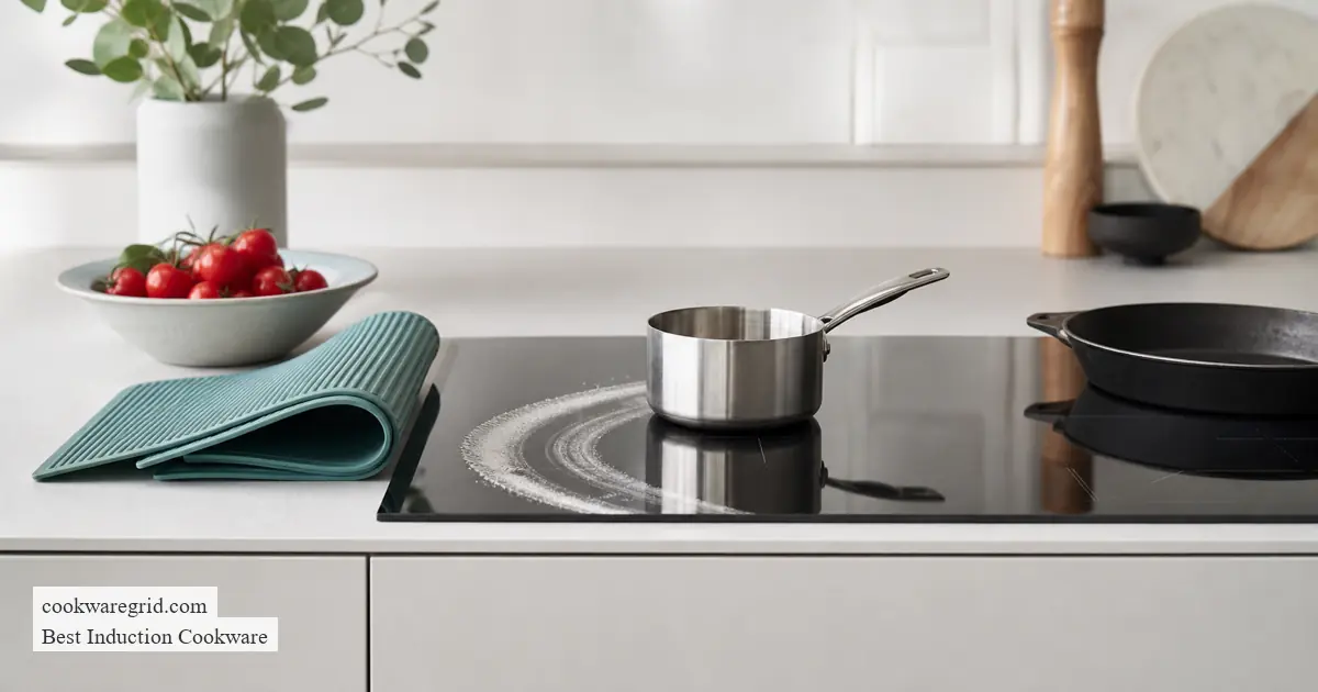 Light saucepan sitting off-center on a smooth induction cooktop beside a heavier flat-bottom skillet