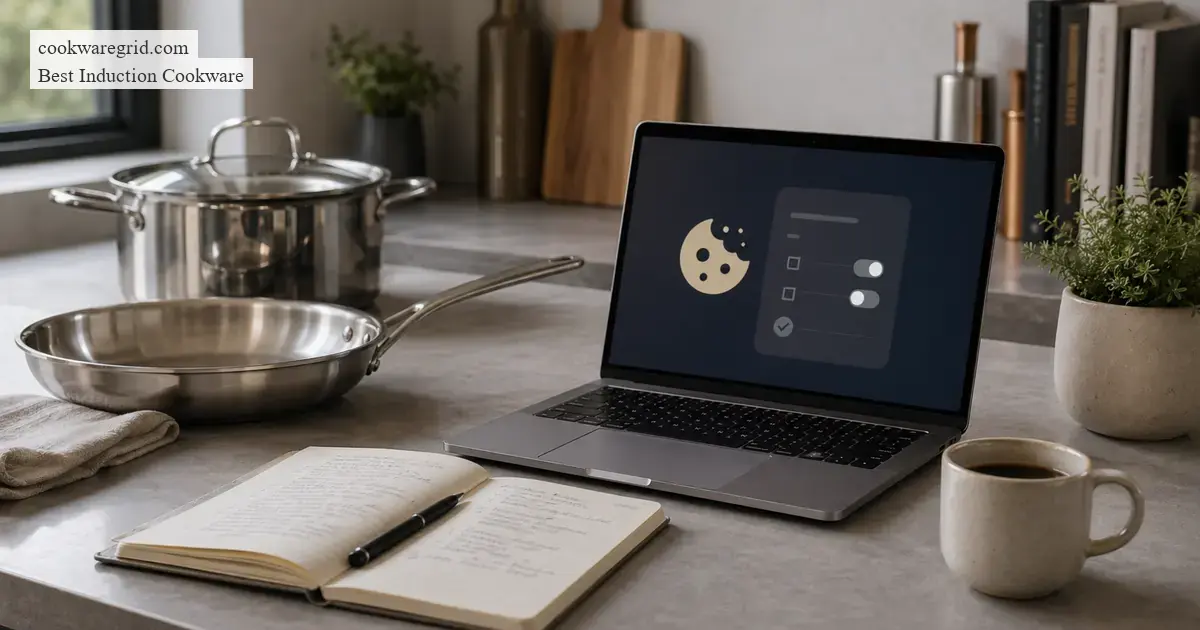 A laptop beside cookware notes on a kitchen counter