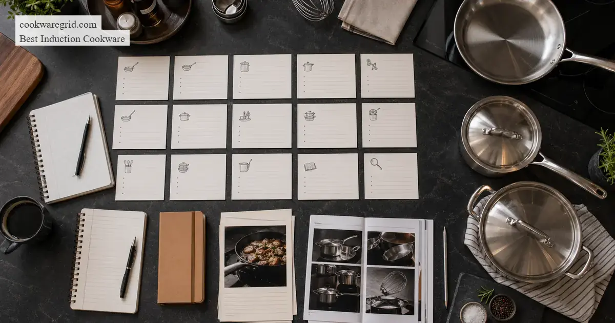 A neatly organized cookware guide index on a kitchen counter