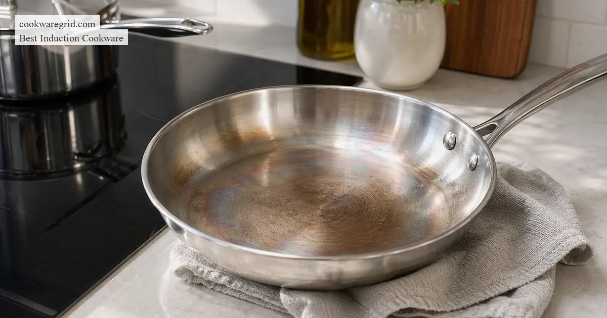 A sleek stainless steel induction pan on a modern glass cooktop