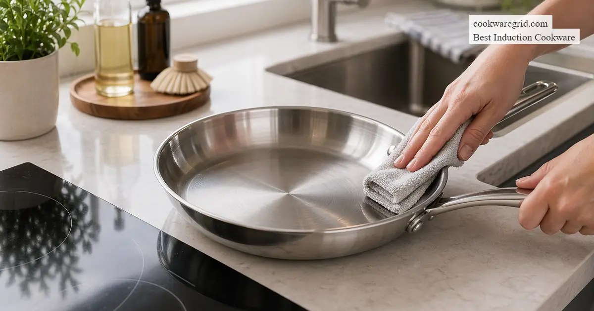 A sleek stainless steel induction pan on a modern glass cooktop