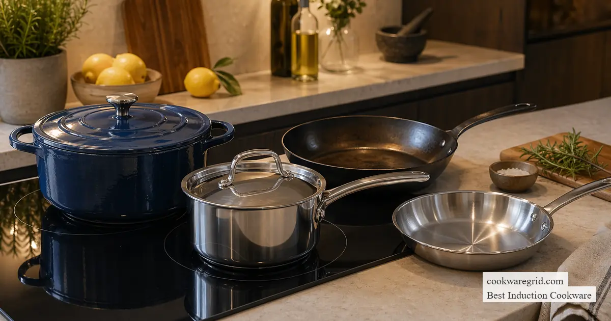 A sleek stainless steel induction pan on a modern glass cooktop