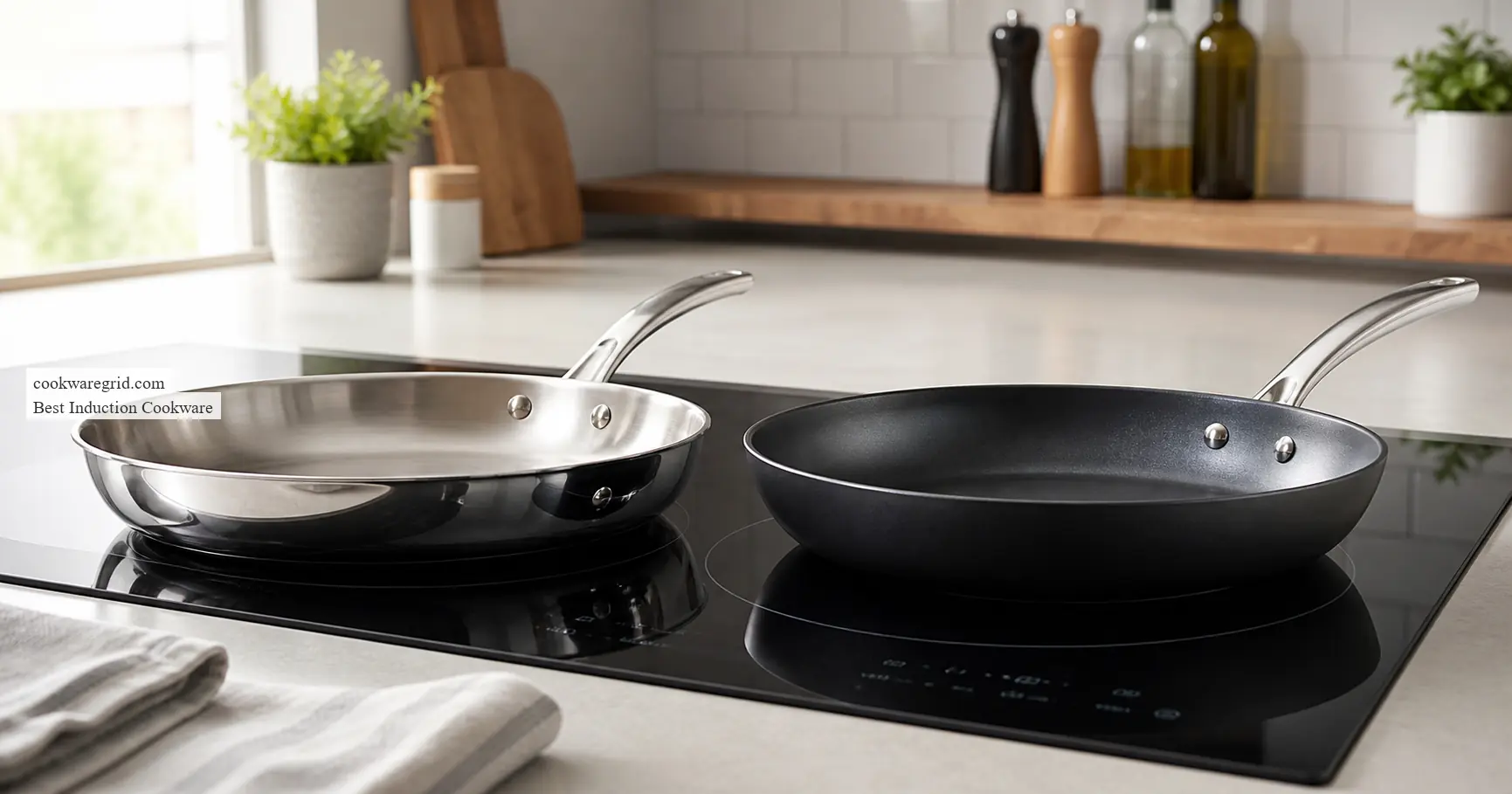 A stainless steel skillet beside a nonstick frying pan on an induction cooktop
