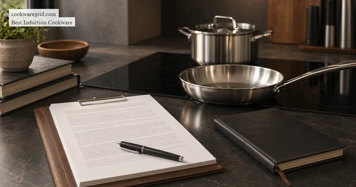 A legal document beside stainless steel cookware on a kitchen counter
