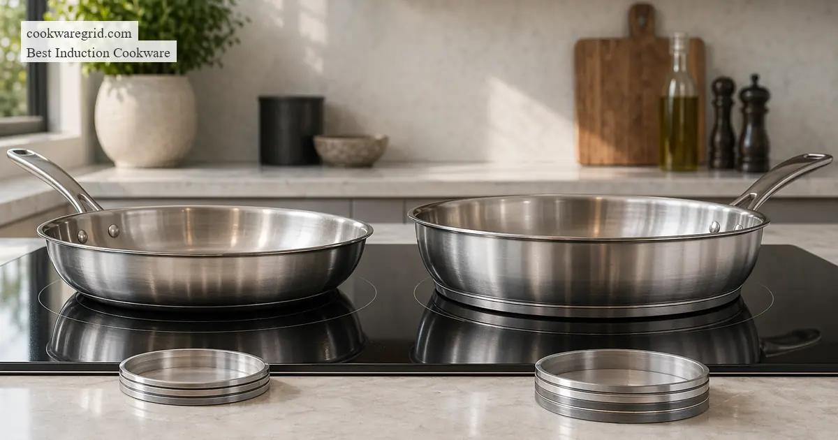 A sleek stainless steel induction pan on a modern glass cooktop
