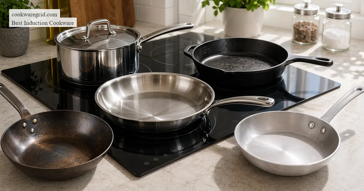 A sleek stainless steel induction pan on a modern glass cooktop