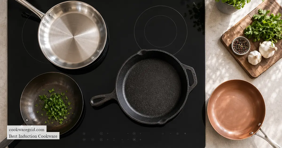 A sleek stainless steel induction pan on a modern glass cooktop