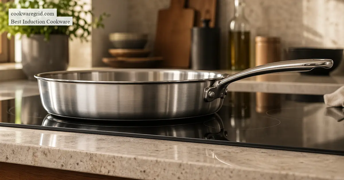 A sleek stainless steel induction pan on a modern glass cooktop