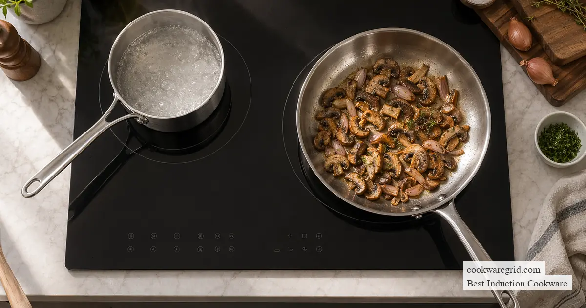 A sleek stainless steel induction pan on a modern glass cooktop