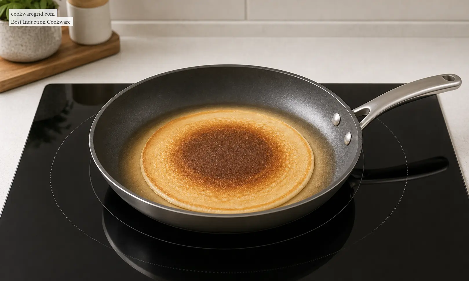 A skillet showing darker browning in the center on an induction cooktop
